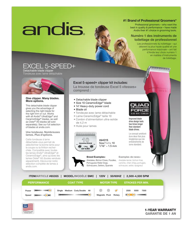 Andis Excel 5-Speed+ Detachable Blade Clipper, Fuschia