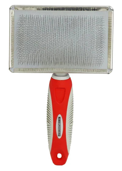 Stainless steel slicker brush for pet grooming, featuring fine metal bristles, from Groomer Supply House.