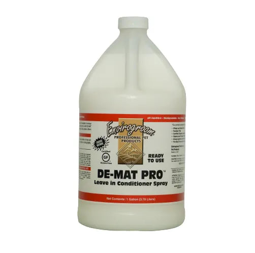 Envirogroom DE-MAT Pro RTU leave-in conditioner spray in a gallon container, designed to detangle and condition hair.