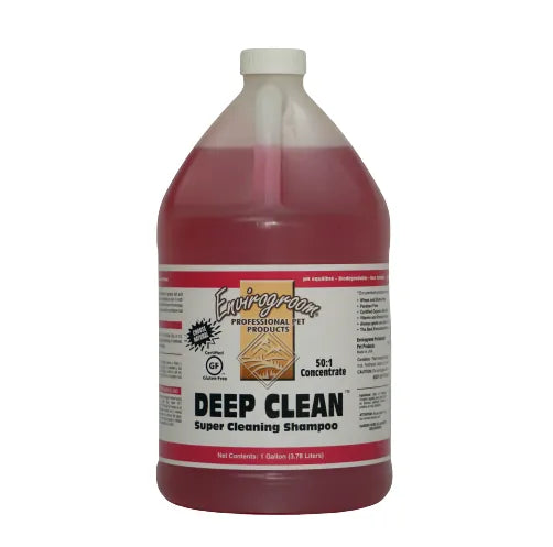 Envirogroom Deep Clean 50:1 Super Degreasing Shampoo gallon, showing the professional shampoo bottle with label and clear liquid inside.