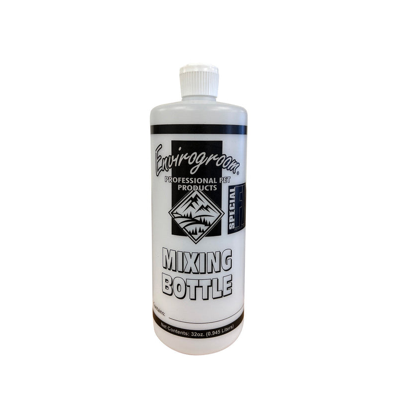 Envirogroom mixing bottle accessory for grooming, clear plastic container with measurement markings and screw-on cap.
