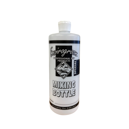 Envirogroom mixing bottle accessory for grooming, clear plastic container with measurement markings and screw-on cap.