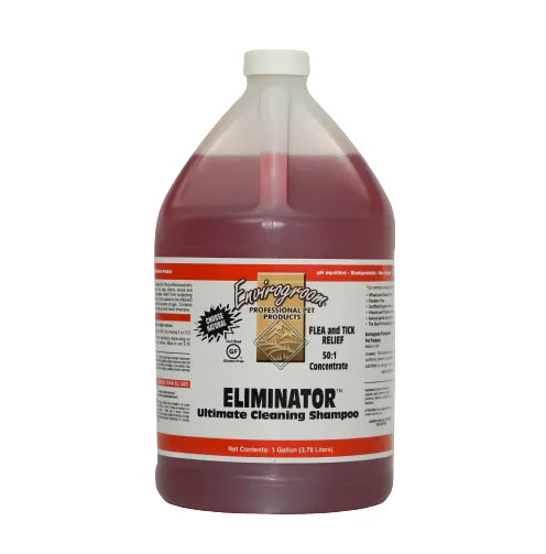 Envirogroom Eliminator 50:1 Ultimate Cleaning Pesticide Alternative Shampoo in a gallon size, showing the shampoo bottle and label.