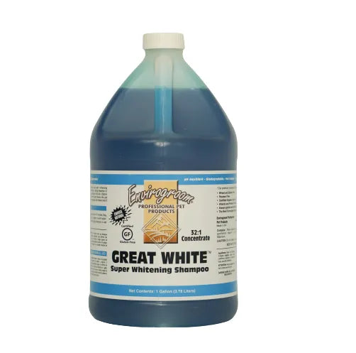 Envirogroom Great White 32:1 Concentrate Super Whitening Shampoo in gallon container, designed for brightening and whitening hair.