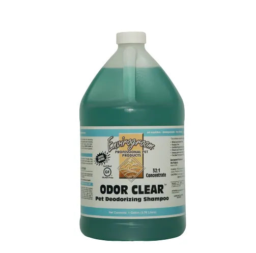 Envirogroom Odor Clear 32:1 Concentrate Pet Deodorizing Shampoo in a gallon bottle, showing the label and product packaging.