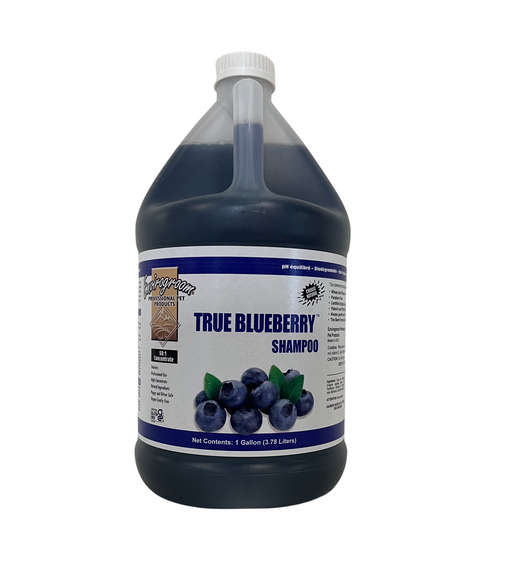 Envirogroom True Blueberry Shampoo in a gallon container, featuring a blue label and a pump dispenser for facial and body use.