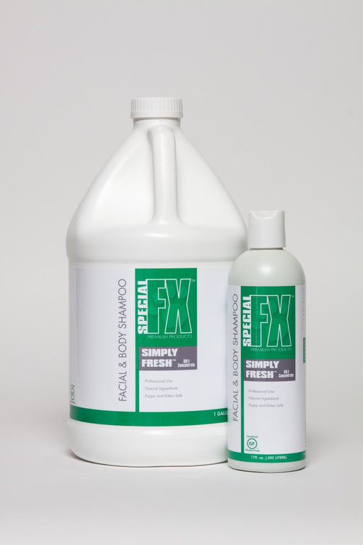 Special FX Simply Fresh Facial and Body Shampoo bottle, 50:1 concentrate, with clear label and cap, on a plain background.