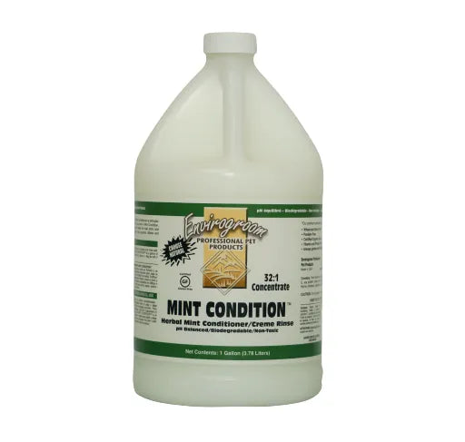 Envirogroom Mint Condition 32:1 shampoo bottle with green and white label, featuring a pump dispenser and product branding.