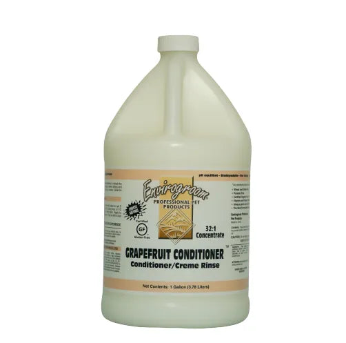 Envirogroom grapefruit shampoo bottle labeled Grapefruit Conditioner 32:1 with citrus branding and product details.