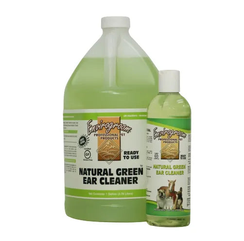 Envirogroom Natural Green Herbal Ear Cleaner Shampoo in a bottle with a green label, ready-to-use professional herbal formula.