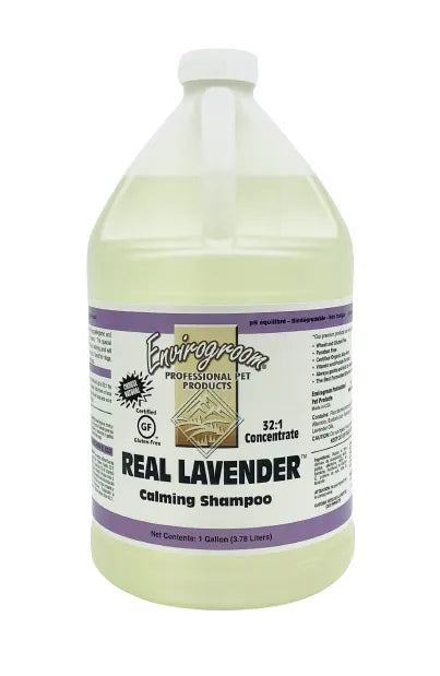 Envirogroom Real Lavender Calming Shampoo 32:1 concentrate bottle with label, highlighting natural lavender ingredients and shampoo packaging