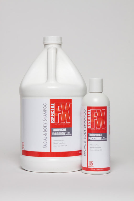 Special FX Tropical Passion Facial and Body Shampoo bottle with tropical-themed label and pump dispenser.