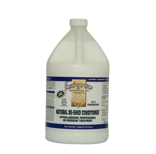 Envirogroom Natural De-Shed Conditioner shampoo bottle, hypoallergenic professional de-shedding treatment for pets.