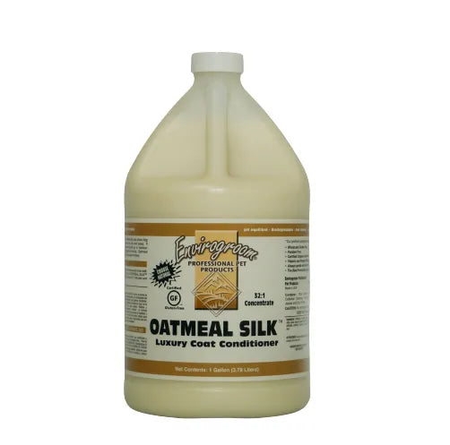 Envirogroom Oatmeal Silk 32:1 luxury coat conditioner shampoo showing a bottle with oatmeal silk formula for pet grooming.